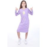 Toontoy Kız Çocuk Baskılı Relax Fit Bisiklet Yaka Uzun Kollu Bağcıklı Elbise - - 10 - 11 - Lila