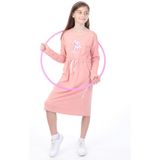 Toontoy Kız Çocuk Baskılı Relax Fit Bisiklet Yaka Uzun Kollu Bağcıklı Elbise - - 6 - 7 Yaş - Mercan