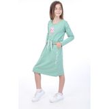 Toontoy Kız Çocuk Baskılı Relax Fit Bisiklet Yaka Uzun Kollu Bağcıklı Elbise - - 6 - 7 Yaş - Yeşil