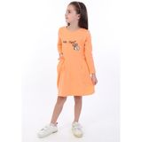 Toontoy Kız Çocuk Baskılı Relax Fit Bisiklet Yaka Uzun Kollu Cepli Elbise - - 3 - Turuncu