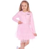 Toontoy Kız Çocuk Baskılı Relax Fit Hakim Yaka Düğmeli Uzun Kollu Tüllü Elbise - Cep Detaylı - 10 - 11 - Pembe
