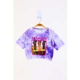 Toontoy Kız Çocuk Batik Desenli Fashıon Baskılı Crop Tişört - 5 Yaş - Lila