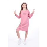 Toontoy Kız Çocuk Bisiklet Yaka Düşük Kol Yazı Baskılı Elbise Gül Kurusu 10-11 YAŞ