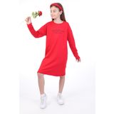 Toontoy Kız Çocuk Bisiklet Yaka Düşük Kol Yazı Baskılı Elbise Kırmızı 10-11 YAŞ