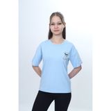 Toontoy Kız Çocuk Bisiklet Yaka Düşük Omuz Kısa Kollu Baskılı Tişört 24973 - Mavi - 10 - 11 Yaş
