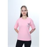 Toontoy Kız Çocuk Bisiklet Yaka Düşük Omuz Kısa Kollu Baskılı Tişört 24973 - Pembe - 13 - 14 Yaş