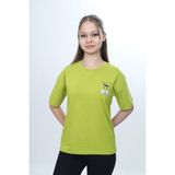 Toontoy Kız Çocuk Bisiklet Yaka Düşük Omuz Kısa Kollu Baskılı Tişört 24973 - Yeşil - 13 - 14 Yaş