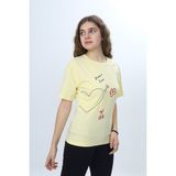 Toontoy Kız Çocuk Bisiklet Yaka Düşük Omuz Kısa Kollu Kalp Nakışlı Baskılı Tişört 24969 - Açık Sarı - 8 - 9 Yaş