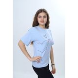 Toontoy Kız Çocuk Bisiklet Yaka Düşük Omuz Kısa Kollu Kalp Nakışlı Baskılı Tişört 24969 - Mavi - 12 - 13 Yaş