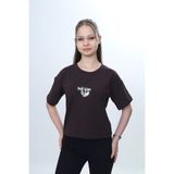 Toontoy Kız Çocuk Bisiklet Yaka Kısa Kollu Baskılı Tişört 24972 - Acı Kahve - 12 - 13 Yaş