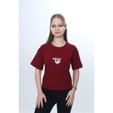 Toontoy Kız Çocuk Bisiklet Yaka Kısa Kollu Baskılı Tişört 24972 - Bordo - 8 - 9 Yaş