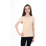 Toontoy Kız Çocuk Bisiklet Yaka Kısa Kollu Fitilli Tişört - Bej - 10 - 11 Yaş