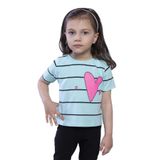 Toontoy Kız Çocuk Çizgli Kalp Baskılı Taş İşlemeli Tişört Su Yeşili 3 YAŞ