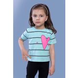 Toontoy Kız Çocuk Çizgli Kalp Baskılı Taş İşlemeli Tişört Su Yeşili 5 YAŞ