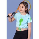 Toontoy Kız Çocuk Crop Model Baskılı Taş İşlemeli Tişört Su Yeşili 12 YAŞ