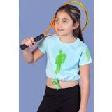 Toontoy Kız Çocuk Crop Model Baskılı Taş İşlemeli Tişört Su Yeşili 8 YAŞ
