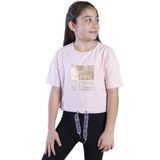 Toontoy Kız Çocuk Crop Model Kordon Detaylı Varak Baskılı Tişört Pudra 8 YAŞ