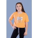 Toontoy Kız Çocuk Crop Model Kordon Detaylı Varak Baskılı Tişört Turuncu 12 YAŞ