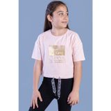 Toontoy Kız Çocuk Crop Model Kordon Detaylı Varak Baskılı Tişört