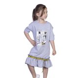 Toontoy Kız Çocuk Dijital Baskılı Büzgülü Şerit Detaylı Elbise Gri Melanj 7 YAŞ