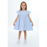 Toontoy Kız Çocuk Dokulu Oversize Bisiklet Yaka Kısa Kollu Büzgülü Elbise -