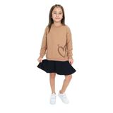 Toontoy Kız Çocuk Eteği Kadife Kalp Baskılı Elbise Kahverengi 5 YAŞ