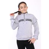 Toontoy Kız Çocuk Fermuar Detaylı Nakışlı Kadife Sweatshirt Gri Melanj 13-14 YAŞ