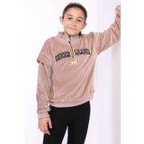 Toontoy Kız Çocuk Fermuar Detaylı Nakışlı Kadife Sweatshirt Kahverengi 6-7 YAŞ