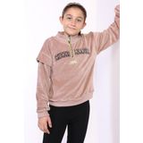 Toontoy Kız Çocuk Fermuar Detaylı Nakışlı Kadife Sweatshirt Kahverengi 8-9 YAŞ