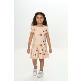 Toontoy Kız Çocuk Fiyonklu Kalp Baskılı Elbise Bej 3 YAŞ