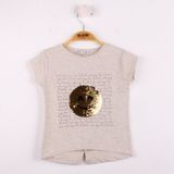 Toontoy Kız Çocuk Gülen Yüz Pullu Nakış T-shirt - 4 Yaş - Kahverengi