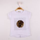 Toontoy Kız Çocuk Gülen Yüz Pullu Nakış T-shirt - 5 Yaş - Beyaz