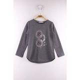 Toontoy Kız Çocuk Inci Detaylı Çiçek Baskılı T-Shirt - 4 Yaş - Antrasit Melanj