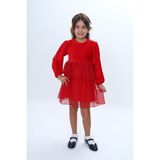 Toontoy Kız Çocuk Kadife Kat Kat Fırfır Detaylı Elbise - 7 Yaş - Kırmızı