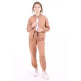 Toontoy Kız Çocuk Kahverengi Dik Yaka Fermuarlı Düşük Omuz Örme Hırka - 2 İplik Şardonlu