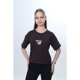 Toontoy Kız Çocuk Kalpli Varak Baskılı Tişört - Kahve - 8 - 9 Yaş