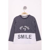 Toontoy Kız Çocuk Kareli Kumaşlı Smile Baskılı T-Shirt - 4 Yaş - Lacivert