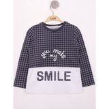 Toontoy Kız Çocuk Kareli Kumaşlı Smile Baskılı T-Shirt - 5 Yaş - Lacivert