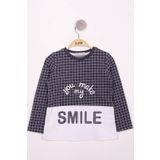 Toontoy Kız Çocuk Kareli Kumaşlı Smile Baskılı T-Shirt - 6 Yaş - Lacivert