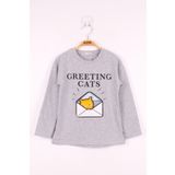 Toontoy Kız Çocuk Kedi Baskılı T-Shirt - 5 Yaş - Gri Melanj