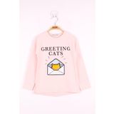 Toontoy Kız Çocuk Kedi Baskılı T-Shirt - 6 Yaş - Pudra