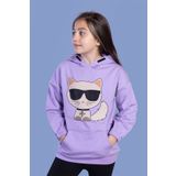 Toontoy Kız Çocuk Kedi Desenli Taş Işlemeli Kanguru Cepli Sweatshirt - 6 Yaş - Lila