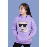 Toontoy Kız Çocuk Kedi Desenli Taş İşlemeli Kanguru Cepli Sweatshirt