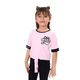 Toontoy Kız Çocuk Önü Bağlama Detaylı Baskılı Tişört - 7 Yaş - Açık Pembe