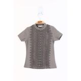 Toontoy Kız Çocuk Önü Dantelli Inci Detaylı T-Shirt - 6 Yaş - Gri