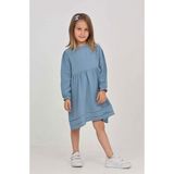 Toontoy Kız Çocuk Oversize Bisiklet Yaka Uzun Kollu Dokulu Elbise - 3 - İndigo