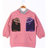 Toontoy Kız Çocuk Oversize Kapüşonlu Cepli Düşük Omuz Sweatshirt - Neon Baskılı & 2 Iplik - Gül Kurusu - 6