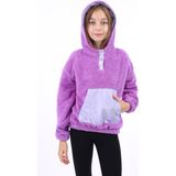 Toontoy Kız Çocuk Oversize Kapüşonlu Çıtçıtlı Cepli Düşük Omuz Peluş Sweatshirt - Garnili - Mor - 12 - 13 Yaş