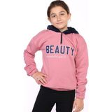 Toontoy Kız Çocuk Oversize Kapüşonlu Fermuarlı Düşük Omuz Baskılı Lastikli Sweatshirt - 3 Iplik Şardonlu - Gül Kurusu - 4 - 5 Yaş