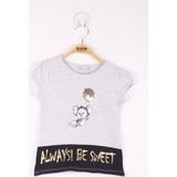 Toontoy Kız Çocuk Pul İşemeli Baskılı T-Shirt - 3 Yaş - Gri Melanj